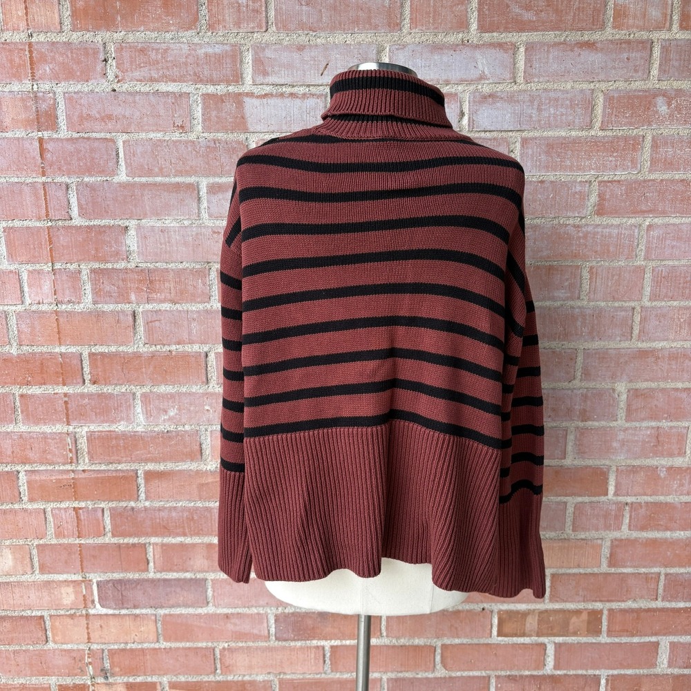 Gap 24/7 Split-Hem Stripe Turtleneck Sweater‎ Women's M Burgandy Black Chunky